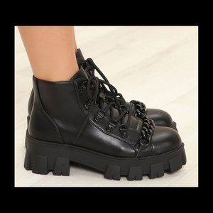 Lady Go Diva Elvira Black Lace Up Distress Chain Chunk Heel Booties Sz 11 NIB